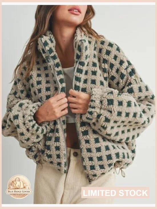 Long Sleeve Cropped Sherpa Fleece Jacket Plaid Teddy Oversized Chunky Outerwear - Picture 2 of 7